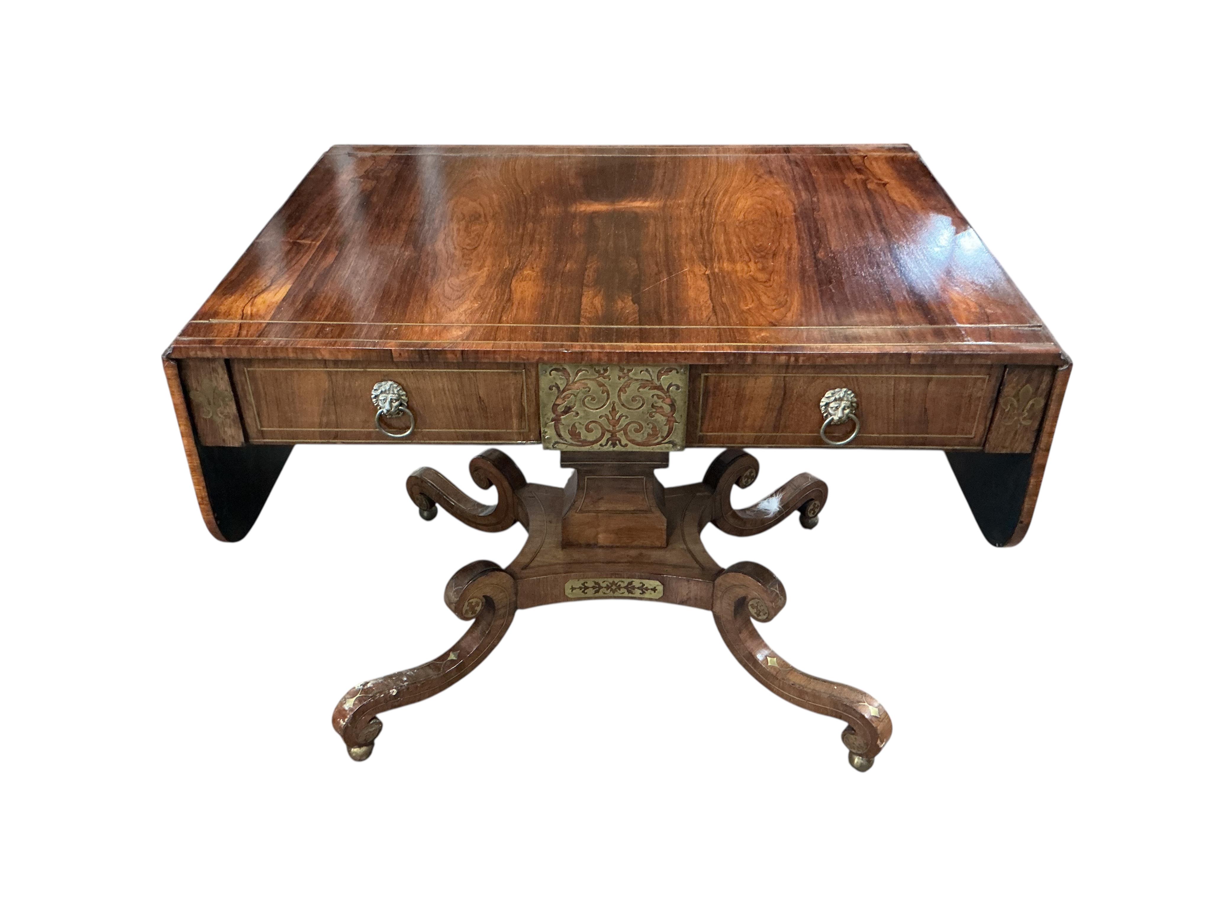A Regency brass mounted rosewood sofa table, width 91cm, depth 66cm, height 70cm